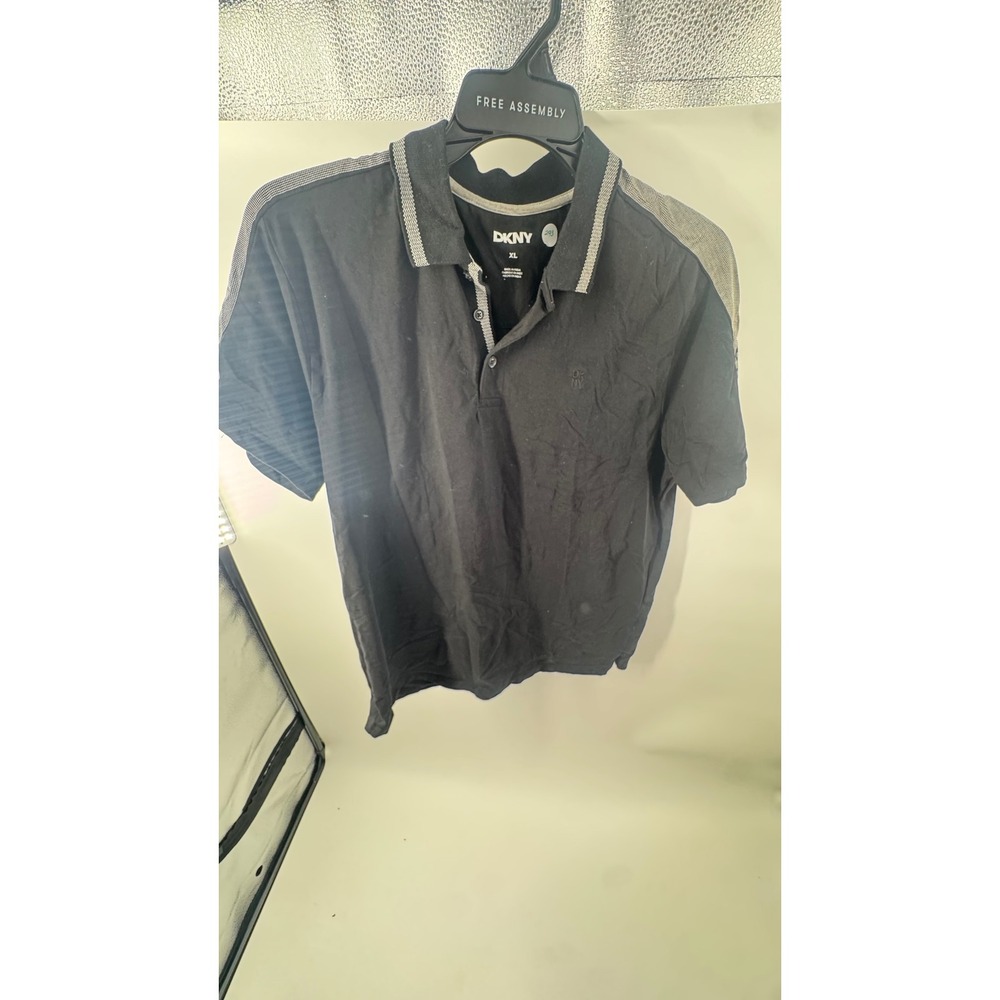 DKNY Mens Polo Shirt Black Short Sleeve Logo Tape Shoulder Trim XL Casual Top